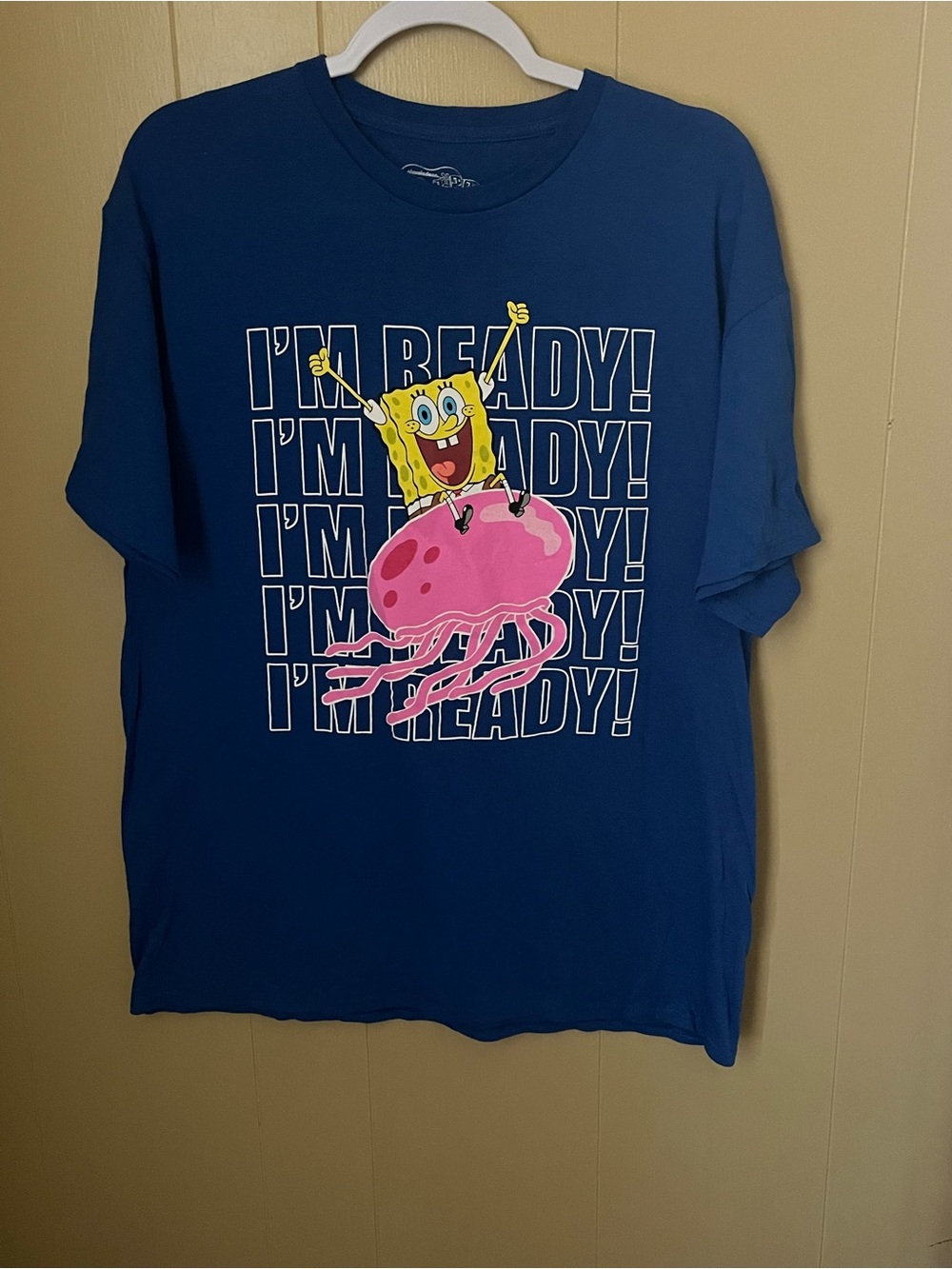 SpongeBob SquarePants Blue Logo I’m Ready! Cotton Tee White Print Size L Casual